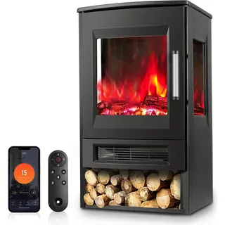 Izrielar Elektrokamin 900W/1800W Standkamin– Schwarz Elektrischer Heizofen– Dreiseitiger Panorama-Kamin - LED-Flammeneffekt - Schwarz
