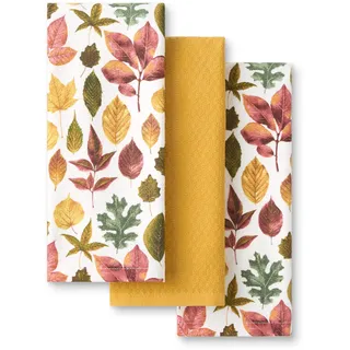 Martha Stewart Autumn Harvest Küchenhandtuch, 3er-Pack, 100% Baumwolle mit saugfähigem Frottee, dekorative Küchentücher, Hellbraun/Rot/Grün, 40,6 x 71,1 cm