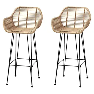Barstuhl 2 Stück Natur 55 x 52 x 105 cm Rattan und Eisen, Moderner Barhocker mit Armlehne, Bequeme Rattan-Sitze für Küche oder Wohnzimmer, Robuster Stahlrahmen