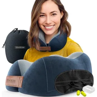 Unyqoos® Reise-Nackenkissen-Set – visco-elastisches Memory-Schaum Nackenstützkissen mit veloursweichem Fleecebezug, inkl. Schlafmaske, Ohrstöpsel & Tasche für Auto/Bus/Zug - Blau