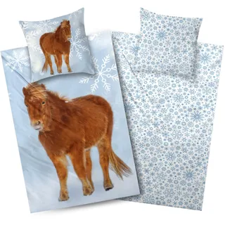 Aminata kids Biber Bettwäsche 135x200 Pony Pferde Pferdebettwäsche Mädchen Winter-Motiv warm weich blau