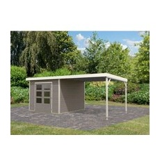 Karibu Gartenhaus Set Domingo D Wassergrau-Weiß mit Anbaudach 7 m2