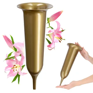 KADAX Grabvase, Vase aus Kunststoff, Blumenvase, Kunststoff-Vase für Blumen, wetterfeste Friedhofsvase, frostsicher Steckvase für Grab, witterungsbeständiger Grabschmuck (12cm, mit Erdspieß, Gold)