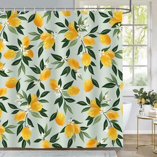 Bonhause Duschvorhang Zitronen Grüne Blätter Duschvorhänge 180 x 180 cm Anti-Schimmel Wasserdicht Polyester Stoff Waschbar Bad Vorhäng für Badzimmer mit 12 Haken