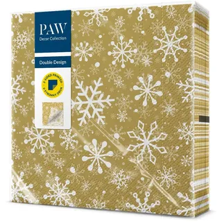 Paw Decor Collection PAW - Servietten 3-lagig (33 x 33 cm) I 20 Stück I Papierservietten Bunt Perfekt für den Weihnachtstisch I Tischdeko Beidseitig Bedruckt - Weihnachten, Winter I Christmas Snowflakes Gold
