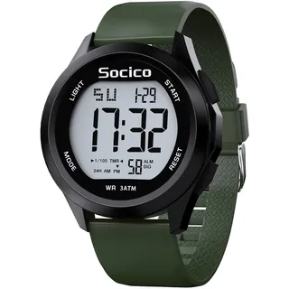 SOCICO Herren Digitaluhr Sport Wasserdicht Outdoor Großes Gesicht Militär Uhren mit Stoppuhr Hintergrund Beleuchtung Alarm Datum Anzeige (Grün)