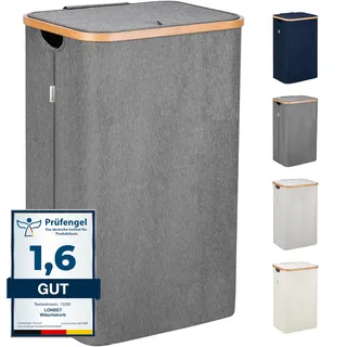 LONBET Wäschekorb mit Deckel 100L Groß - Stilvoller Wäschesammler Atmungsaktiv mit Stabilem Bambus-Rahmen - inklusive Herausnehmbarem Wäschesack Waschbar - Laundry Baskets Wasserdicht | Grau