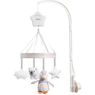 Nûby Nuby Kinderbett-Mobile für Babys mit verstellbarem Arm, geeignet für alle Babybetten. Süße Plüschfiguren in Weiß und Grau, einschließlich Pebbles the Pinguin und Pals (1 Stück)