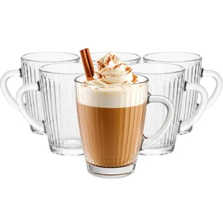 Glasmark KROSNO 1992 Gläser Set 200 ml - 6 Kaffeegläser mit Henkel - geriffelte Trinkgläser für Espresso Lungo, Cappuccino, Tee und Matcha - spülmaschinengeeignet