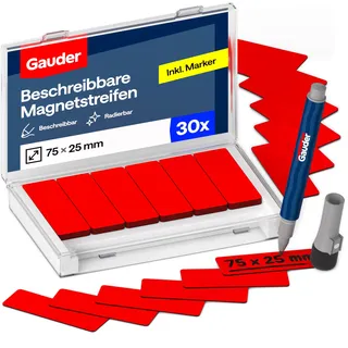 GAUDER Magnetetiketten beschreibbar - Wiederverwendbare Magnetschilder zum Beschriften für Whiteboard, Tafel, Kanban-Board und Kühlschrank - Magnetkarten mit Marker (30 Stück - 75 x 25 mm)