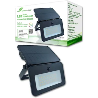 greenandco LED Solar-Flutlichtstrahler mit Bewegungsmelder | 1000 Lumen | dimmbar in 3 Stufen | Lichtfarbe einstellbar 6500/4000/3000 K | IP65 | für Außenbereich geeignet | Wand Strahler