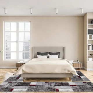 oKu-Tex Bettumrandung Set 3-teilig [67x340 cm | 2 mal 67x140 cm] Roter Bettvorleger, meliert - weicher Kurzflor pflegeleicht - Teppich Schlafzimmer - Geometrisches Patchwork Design - Deutsche Marke