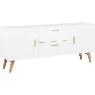 BELIANI Sideboard weiß MDF Platte Eichenholz 70 x 160 x 42 cm Retro Minimalistisch Mit Beinen Aus Buchenholz Viel Stauruam Elegant Wohnzimmer - Weiß, Braun