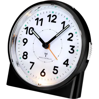 VIVILINEN Funkwecker Analog ohne Ticken mit Nachtlicht & Auto-DCF-Signal | Analoger Wecker mit 5-Min Schlummer & Leuchtzeigern, Reisewecker Funk, 11.5cm Kompaktdesign, Einfache Bedienung, Schwarz