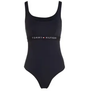 Tommy Hilfiger für Damen. UW0UW04126 Marineblauer karierter Badeanzug (S), Strandbekleidung, Nachhaltig, Recyceltes Nylon