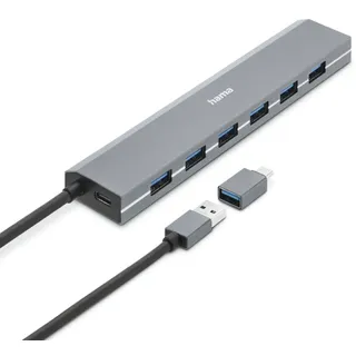 Hama USB-Hub 7 Ports, 7X USB-A und USB-C-Anschluss, mit Netzteil, Aluminium