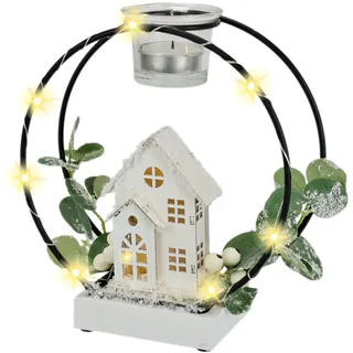 Teelichthalter mit LED-Haus & Eukalyptus 20cm Metall Glaseinsatz weiße Beeren dekorativer Kerzenhalter Weihnachten Winter Licht Lampe Weihnachtsdeko Deko Tischdeko Geschenke Dekoobjekt Ornamente Bild