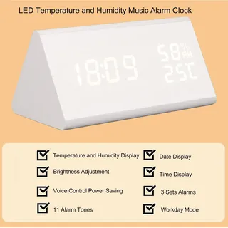 LED-Digitalwecker, Mehrzweck-Holzwecker mit Sprachsteuerung, Luftfeuchtigkeit, Temperatur, Wochenzeitanzeige, weißes Holz