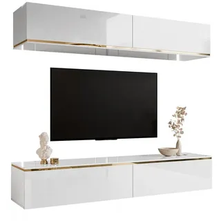 lookway Wohnwand Aurora Weiß Hochglanz mit Goldener Dekorativer Leiste LED-Option zur Wahl Modernes Wohnzimmermöbel (ohne LED Beluchtung)