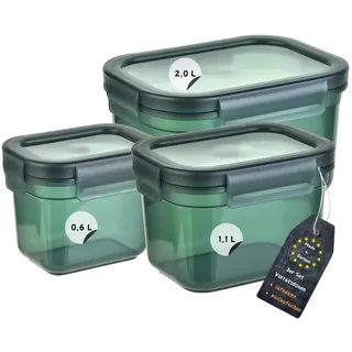 Engelland - 3er Set Aufbewahrungsdosen mit Deckel, luftdicht, auslaufsicher, stapelbar, Vorratsdose, BPA-frei, Kunststoff, verschiedene Größen, 0,6 L / 1,1 L / 2,0 L, transparent-moosgrün