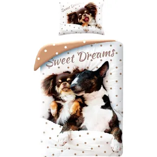 Halantex SP. z.o.o. Halantex Hunde Bettwäsche, 100% Baumwolle, 140x200cm + 70x90cm, Bettwäsche mit Tieren - Weiß