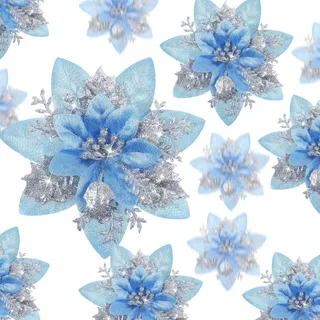 Geosar 24 Stück Glitzer Weihnachtsstern Blumen - Künstliche Weihnachtsblumen mit Clip für Weihnachtsbaum, Hochzeit & Deko - Christbaumschmuck in 6, 4 & 3 Zoll (Silber und Blau)