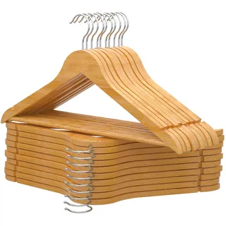 PORTENTUM Kleiderbügel Holz, 20 Stück, Naturfarben - 360° Drehbarer Haken, Rockkerben für Kleider und Blusen, Rutschfester Hosensteg, Geeignet für Anzüge, Hemden, Jacken
