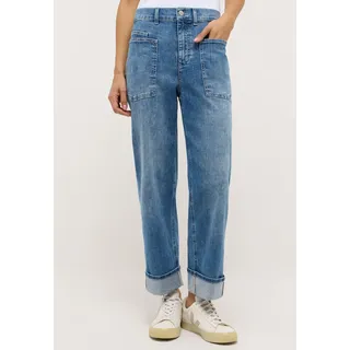 Relax-fit-Jeans ANGELS "LIBERTA TURN UP", Damen, Gr. 38, Länge 27, blau (light blau random used), Denim/Jeans, Obermaterial: 91% Baumwolle, 6% Polyester, 3% Elasthan, relaxed fit 7/8-Länge, Jeans Relax-fit-Jeans, Relaxed fit, aus Baumwollmischung, mit großen Vordertaschen