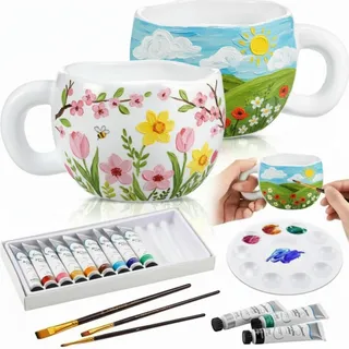 Sinmoe Keramik Tassen Bemalen Set für Erwachsene 2 Tassen 12 Keramikfarben 3 Pinsel und 1 Palette DIY Kaffeetasse Malset Kreatives Geschenk für Hochzeit Geburtstag Weihnachten(Blumenform)