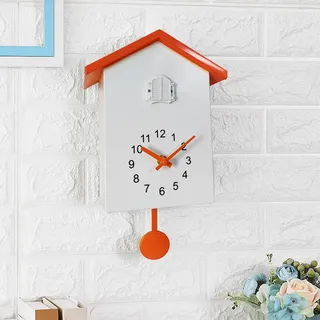 Kuckuck Geräusche, Uhren mit Pendel, Vogelhaus, batteriebetrieben, für Wohnzimmer, Wohnzimmer, Küche, Wanddekoration, orange, Zeiger + Zahl, ABS - Orange