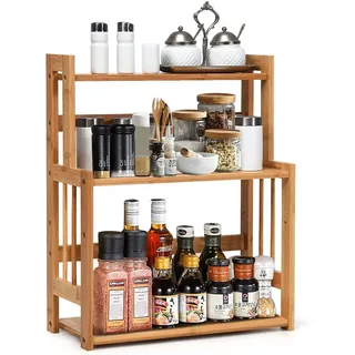 COSTWAY 3-stufiges Gewürzregal mit Einer höhenverstellbarer Ablage, Küchen Eckregal aus Bambus, Küchenregal, Küchengestell, Schreibtischregal ideal für Küche, Badezimmer oder Arbeitszimmer
