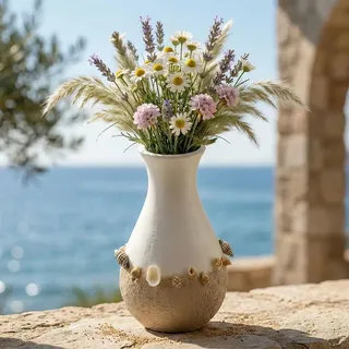 Dekovase "Muscheln" Ø 14x24 cm groß, weiß / beige, mit Muscheln verziert, Vase für Trockenblumen - Weiß