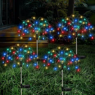 Lewondr Feuerwerk Solar Gartenleuchten, 120 LED Feuerwerkslichter mit 8 Beleuchtungsmodi, Wasserdicht Solarstecker Solarleuchten Gartenlichter für Außen Weg Terrasse Hof Party Gartendeko, 4 Stück