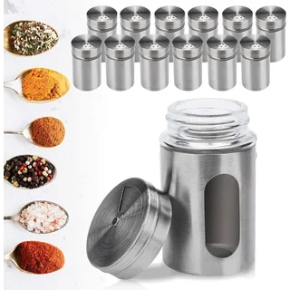 VINGO 12 Gewuerzstreuer Perfekte Gewuerzaufbewahrung, 80ml Glas-Gewuerzdosen mit Sichtfenster & 3 Fach Streuregulierung zur Aufbewahrung von Gewuerze und nTeekraeutern (Silber) - Silber