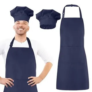 Livdouyu Kochmütze und Schürze-Set, verstellbare hohe Kochschürze, wasserdichte Küchen-Backschürze mit Zwei Taschen und elastischer Kochmütze für Männer und Frauen für die Heimküche(Marineblau)