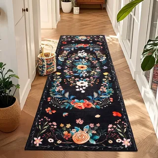 Schwarz Blume Teppich Läufer Flur Rutschfest 60x180cm, Boho Weich Langer Läufer, Waschbar Kurzflor Küchenläufer Rutschfest, Teppichläufer Flur Flurteppich Flurläufer für Küche Schlafzimmer Wohnzimmer