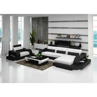 Ledersofa Wohnlandschaft Ecksofa Eck Sessel Design Modern Sofa Garnitur mit USB - Weiß