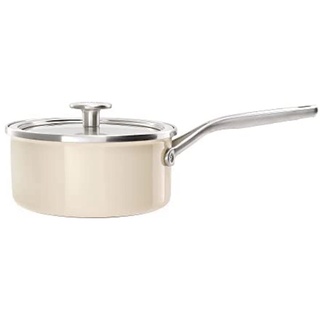 KitchenAid Steel Core Enamel Stielkasserolle mit Deckel (18cm/2l), deutsche Emaille, Induktionsgeeignet, backofenfest, spülmaschinenfest, Crème