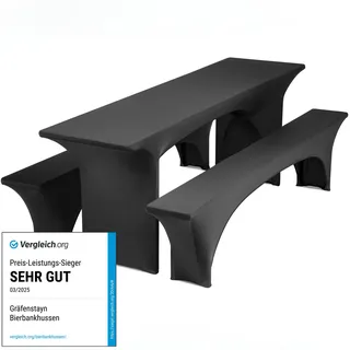 Gräfenstayn® Leopold Stretch - Biertischhussen-Set 3 TLG für Bierzeltgarnitur - 50cm oder 70cm Tischbreite - mit Öko-Tex Siegel Standard 100 : "Geprüftes Vertrauen 31189 (Schwarz, 70x220cm)