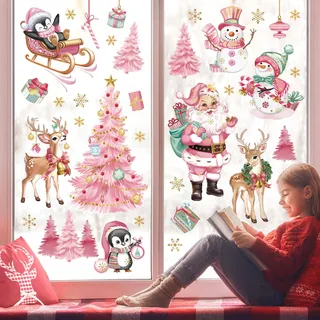 wondever Fensterbilder Weihnachtsmann Weihnachtsbaum Rosa Weihnachtsdeko | Wiederverwendbar, Doppelseitig Statisch PVC Fensterdeko, Fensterfolie weihnachten selbstklebend für Winter Innen Dekoration