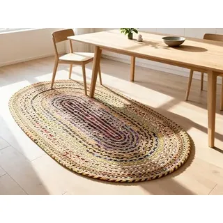 Craft Trade Bunt Waschbarer Boho Jute Teppich Reversibel Geflochten Handgewebt Oval Flickenteppich für Küche Wohnzimmer und Schlafzimmer- 120 x 180 cm