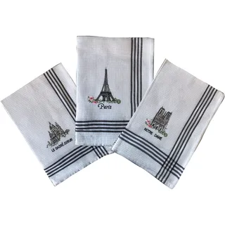 VIANAYA Geschirrtücher Paris Eiffelturm, Sacré Coeur und Notre Dame aus Baumwolle, bestickt – Maße: 50 x 70 cm, 3 Stück