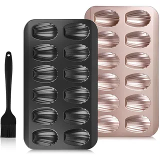 Aéttézoe Madeleines Backform, 2 Stück Madeleine Form Set - Carbonstahl Backblech mit Antihaft-Beschichtung - 12 Mulden pro Form - Inklusive Backpinsel - Für Ofen & Madeleines Gebäck