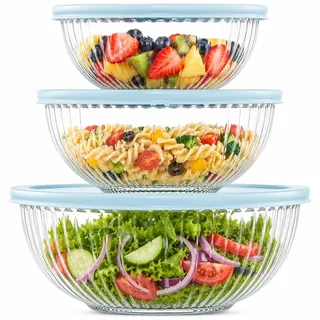 Luvan Glas Rührschüssel mit Deckel 3er-Set (3.5 L,2 L,1 L),Große Rund Salatschüsseln für die Küche,ideal zum Aufbewahren von Lebensmitteln,Kochen,Backen,Vorbereiten, Spülmaschinenfest