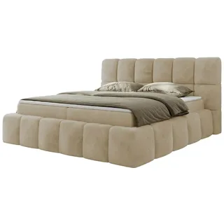 MKS Meble Boxspringbett, Doppelbett NIRA mit dekorativem Kopfteil, Multipocket-Matratze und Topper, Polsterbett mit Bettkästen - 200 x 200 cm - H3 - Creme Plüsch - Beige
