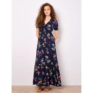 Maxikleid APRICOT "Maxikleid in Aquarelloptik", Damen, Gr. S (36), N-Gr, blau (navy), gewebt, Obermaterial: 100% Viskose CV., geblümt, normal, V-Ausschnitt, Puffärmel, Kleider Maxikleid, mit Smockdetails