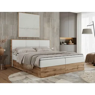 MKS Meble Boxspringbett, Doppelbett mit bettkasten und Multipocket-Matratze, Polsterbett mit Kopfteil, Eiche Holzrahmen - Albero-2 - 180x200cm - Weiß Kunstl... - Weiß
