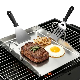 Edelstahl Grillplatte Plancha 40 x 30 x 4 cm mit 2 Grillspachteln, Abnehmbaren Griffen für Weber, Enders, Burnhard Ersatzteile Zubehör – BBQ Grillplatte für Gasgrill & Holzkohlegrill
