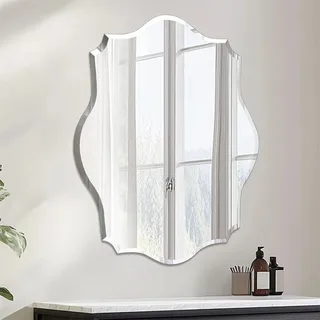 Rahmenloser Wandspiegel - Ovaler Bad- und Schminkspiegel - Wellenrand - Facettenschliff - Modernes Design - 60x80 cm - Silber