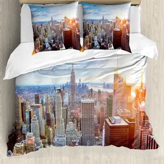 ABAKUHAUS New York Bettbezug Set, Sonnenuntergang in der Manhattan-Insel im Stadtzentrum gelegenen Brooklyn-Finanzbezirkswolkenkratzern, 155 x 220 cm + 80 x 80 cm, Mehrfarbig